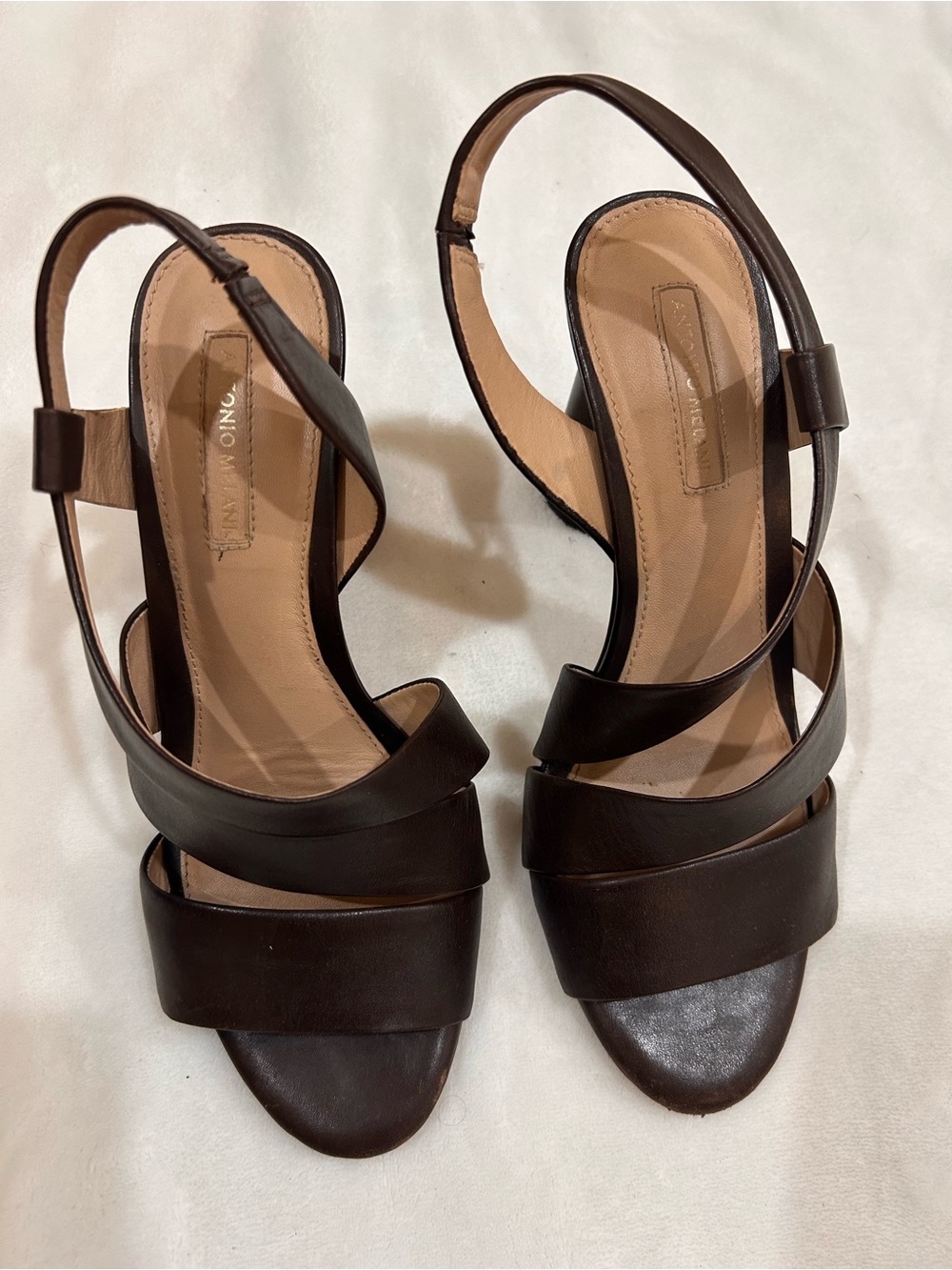 ANTONIO MELANI Dark Brown Leather Strappy Slingback Heels
